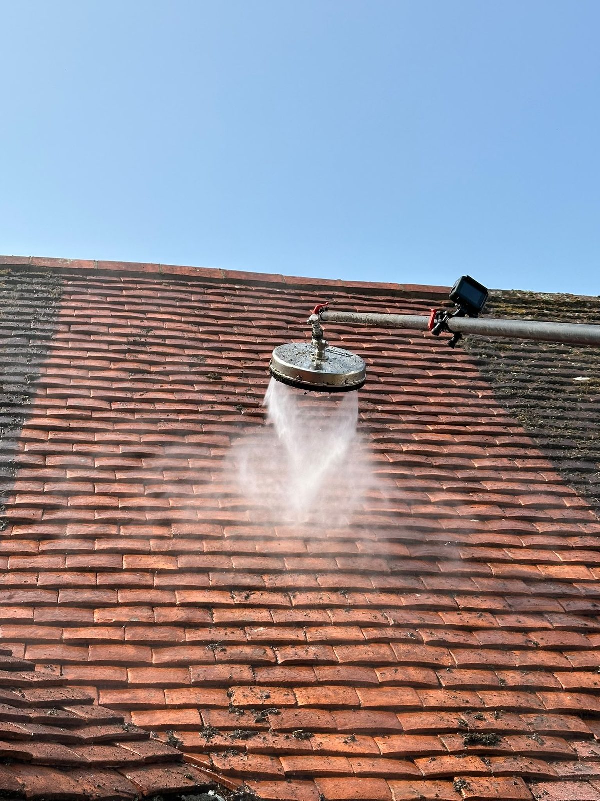 The method used — low-pressure biocide application (never pressure washing on tile)